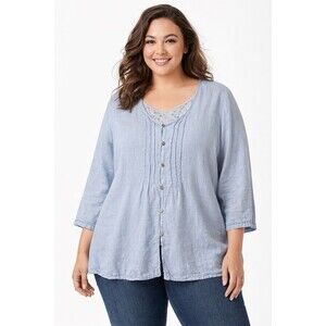 Lungo L’arno Blue 100% Linen Blouse Size M Pintuck Pleated Eyelet Coastal